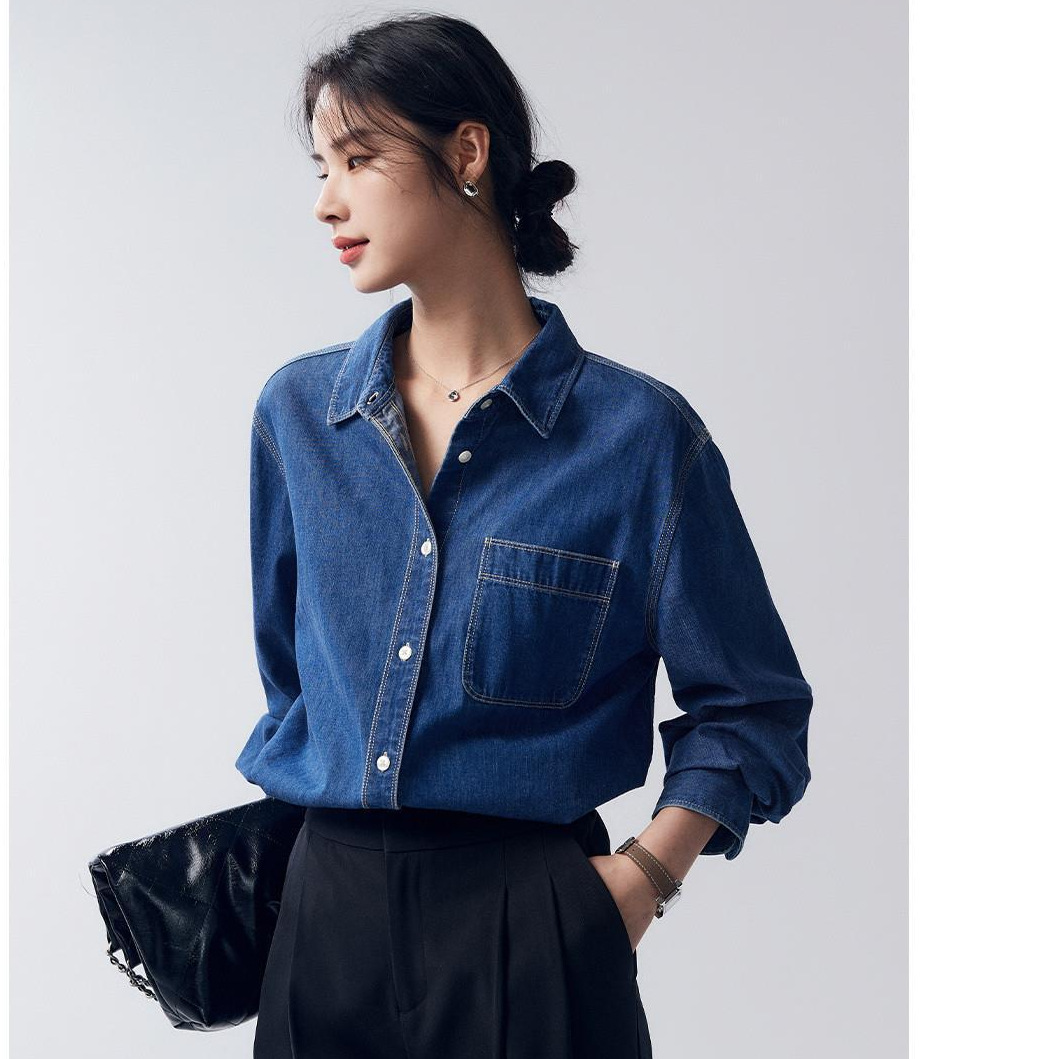 Vintage Cotton Denim Shirt for Women, Enzyme Washed, 2024 Spring New Style, Denim Blue, Loose Fit, Layered Shirt