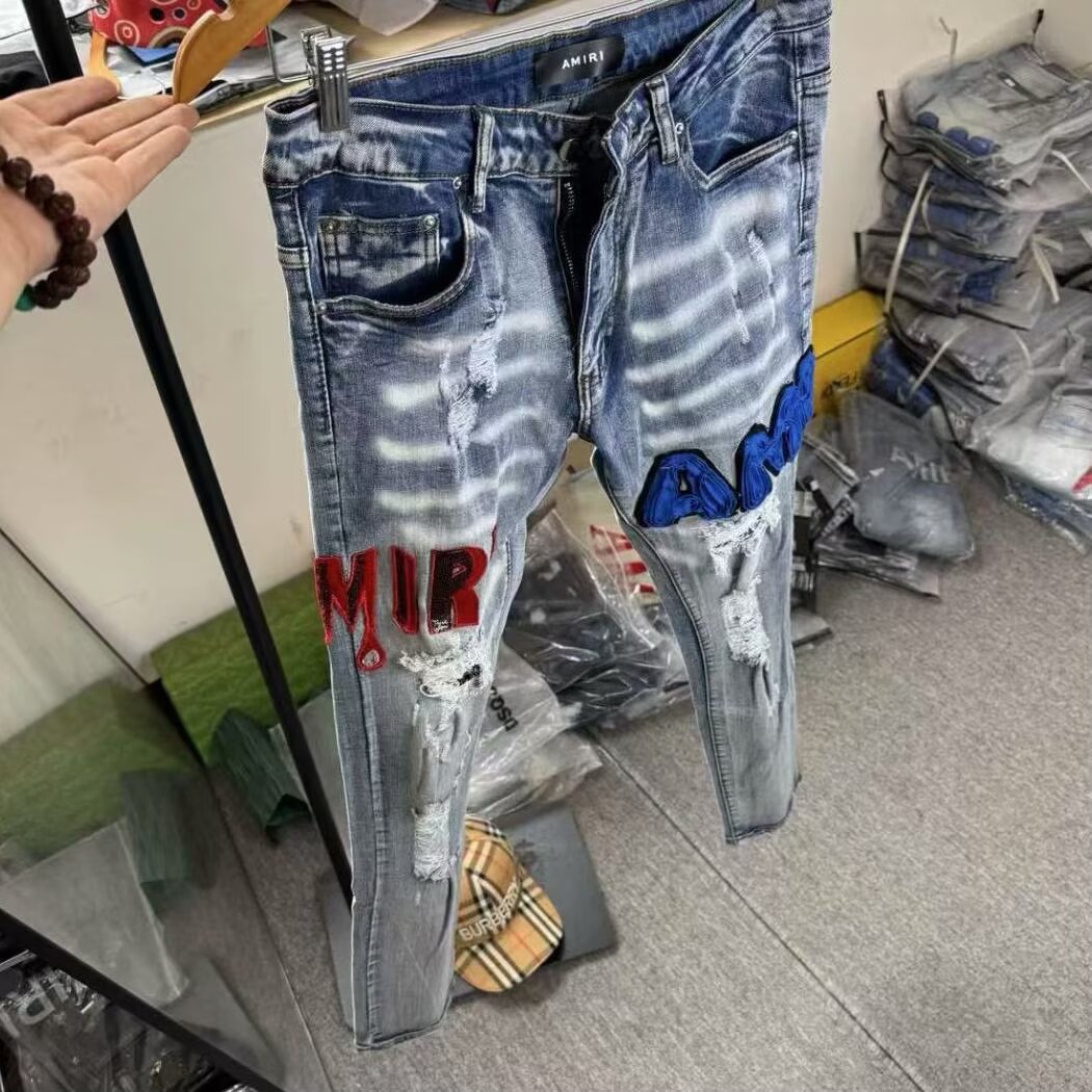 Trendy Influencer-Style Red and Blue Sequin Am Ripped Jeans, Versatile Slim-Fit Skinny Pants, Long Pants