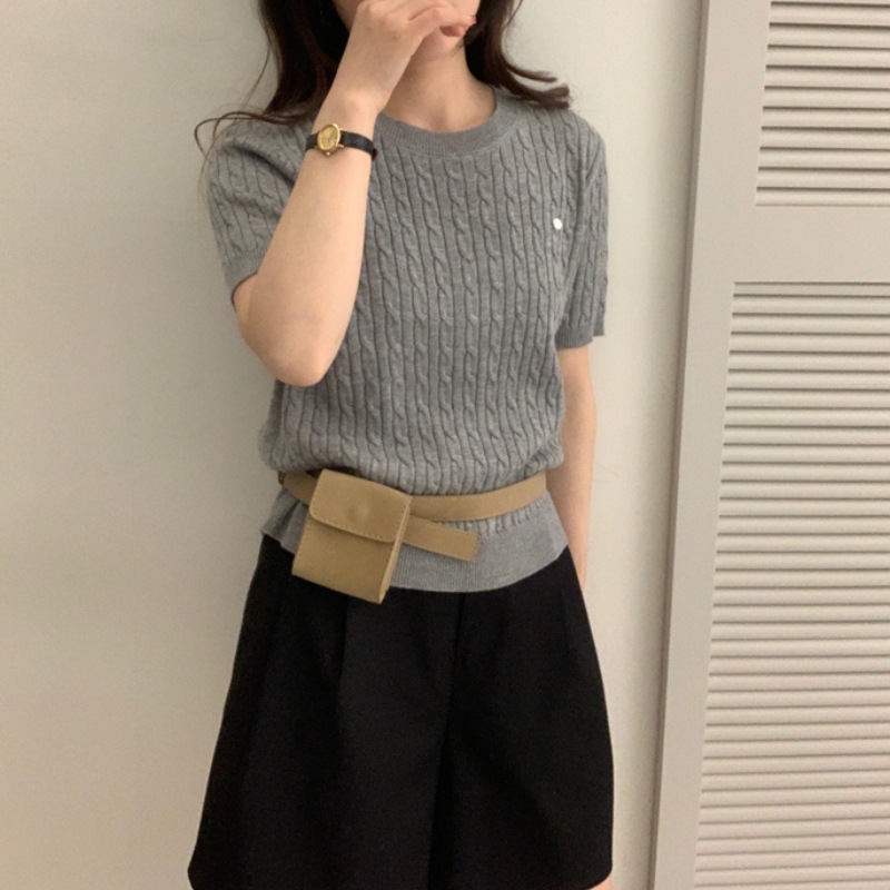 Korean Style Sweet Age-reducing Twist Sweater Women's Spring and Summer Thin Shoulder Round Neck Short-sleeved Sweater T-shirt Loose Top