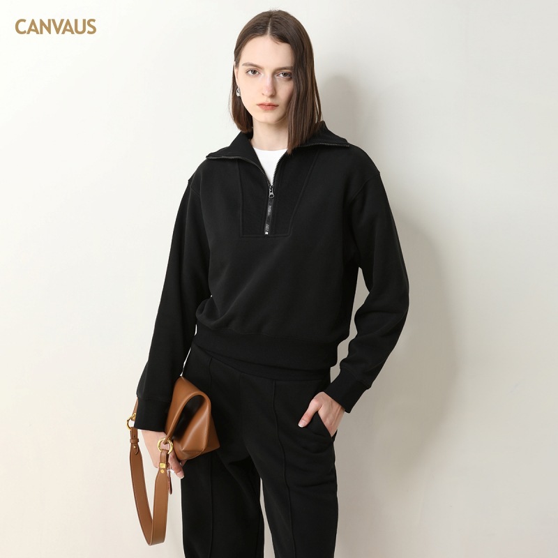CANVAUS half open collar zipper fleece-lined sweater women's autumn and winter drop shoulder long sleeve loose solid color coat simple top