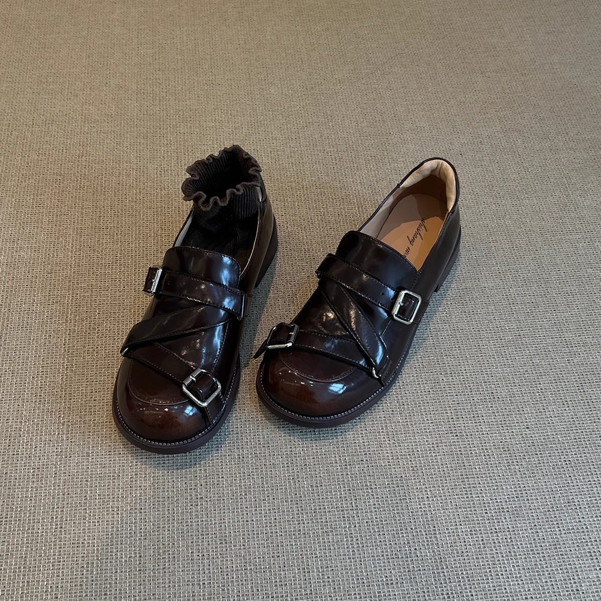 Soft Leather Version~Round-Toe Buckle Strap Chunky Heel Slip-On Loafers for Women, British Style Patent Leather Chunky Heel Design Small Leather Shoes