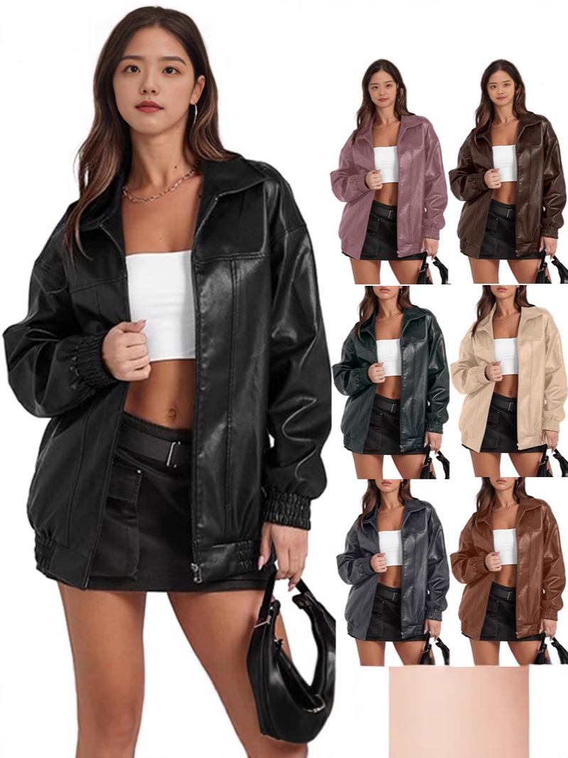 2024 Amazon European and American Popular Solid Color Leather Jacket Long-Sleeved Lapel Zipper Side Flap Pocket Pants Casual Windbreaker Jacket for Women