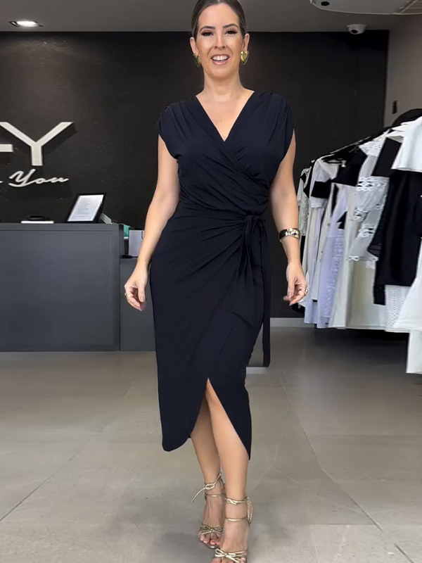 Amazon 2024 Foreign Trade New Slim-fit Mid-length Dress Cross-border Fashion Slim-fit Women's Classic Cap-sleeve Wrap Dress