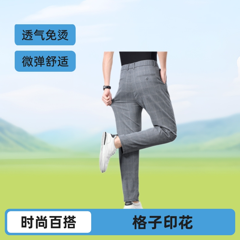 High-End Light Luxury Casual Pants for Men, New Fashion Versatile Plaid Elastic Waist Dress Pants, Thin Slim Straight Pants for Men
