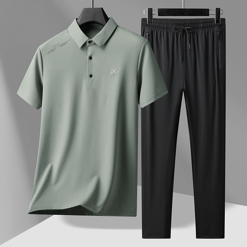Summer Men's Ice Silk Short-Sleeved T-Shirt and Trousers Suit Business Casual Two-Piece Loose Polo Suit for Middle-Aged Dads