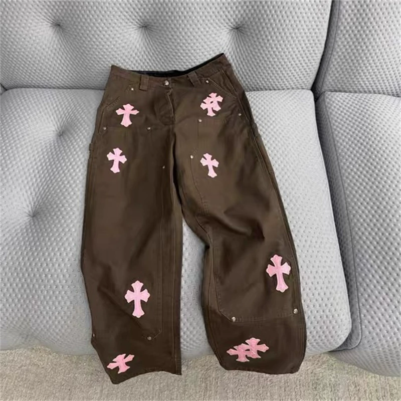 Cross-Stitched Brown Denim Jeans for Men and Women, New Autumn and Winter High-Waisted Slim-Fit Design, Casual Straight-Leg Pants