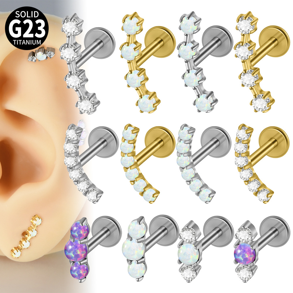 Cross-Border G23 Titanium Electroplated Opal Lip Stud Curved Internal Thread Lip Ring Zircon Lip Stud Rod Ear Bone Piercing Jewelry