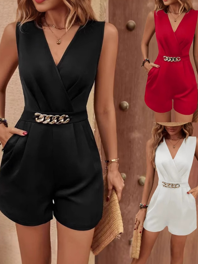 2025 Summer European and American Cross-border Foreign Trade New Women's Solid Color V-neck Elegant Slim Elegant Fashion Pants