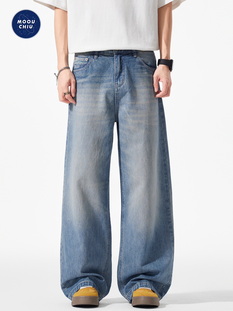 Muqiu Men's Wear | American Retro Light Blue Washed Cleanfit Jeans Men's Loose Straight-Leg Floor-Length Pants
