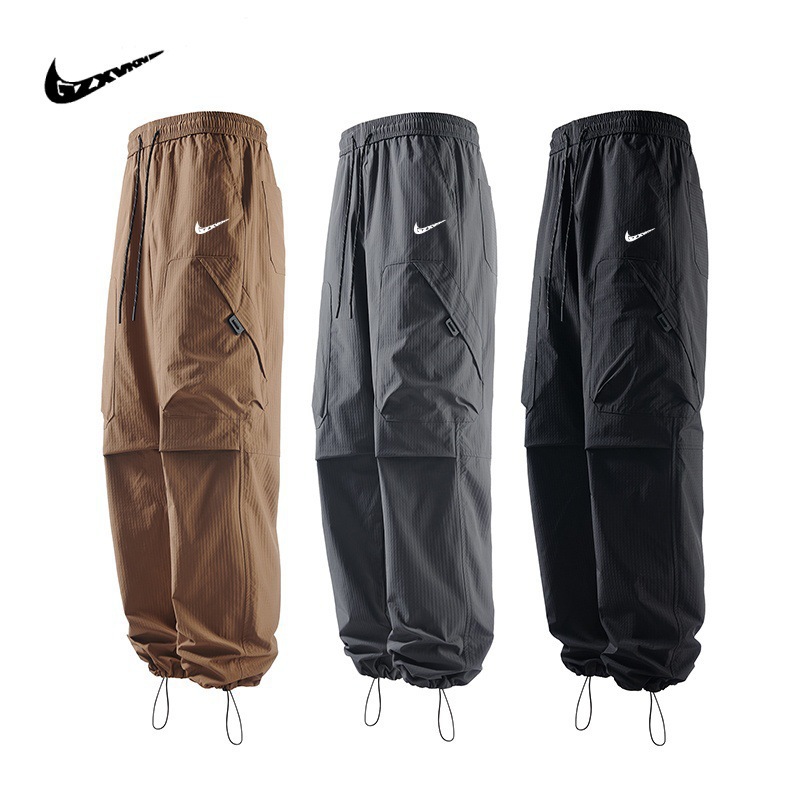 Mountain-Style Outdoor Spring and Summer Work Pants for Men, Thin Trendy Brand Loose Casual Pants with Drawstring, Multi-Pocket, Quick-Dry, Straight-Leg
