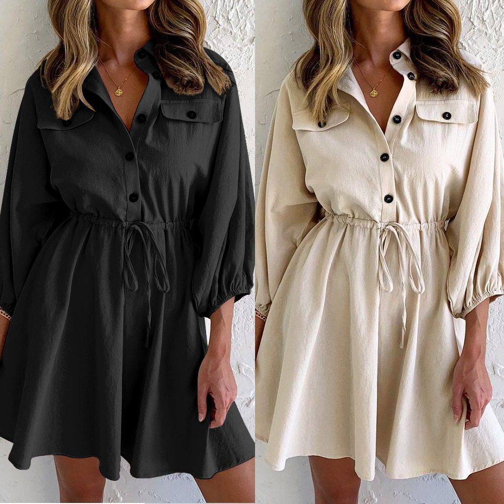 Cross-border 2022 Spring and Summer New Amazon Lapel Single-breasted Shirt European and American Pocket Tether Casual Dress Women