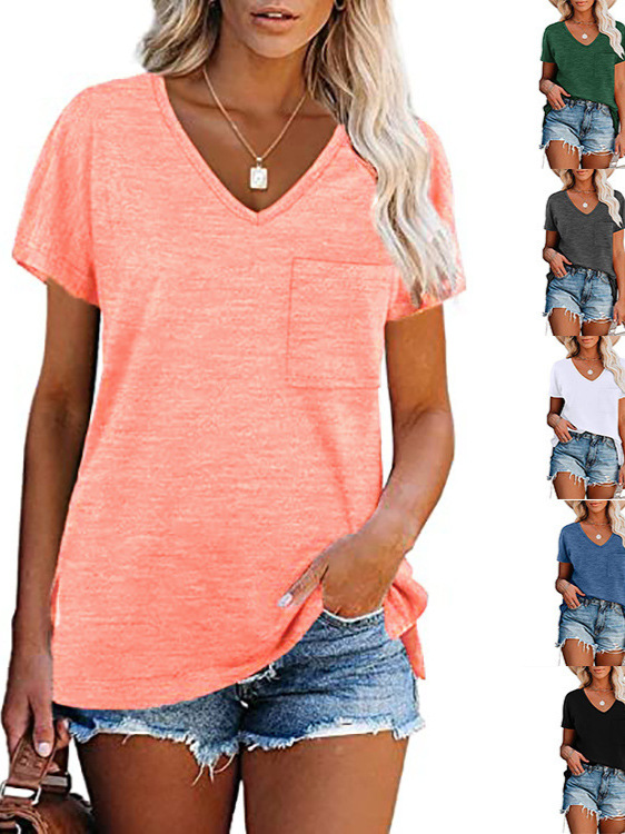 2025 Summer Export Cross-Border European and American Amazon Loose Casual V Neck Short-Sleeved Flap Pocket Pants Pure Color T-Shirt Women's Tops
