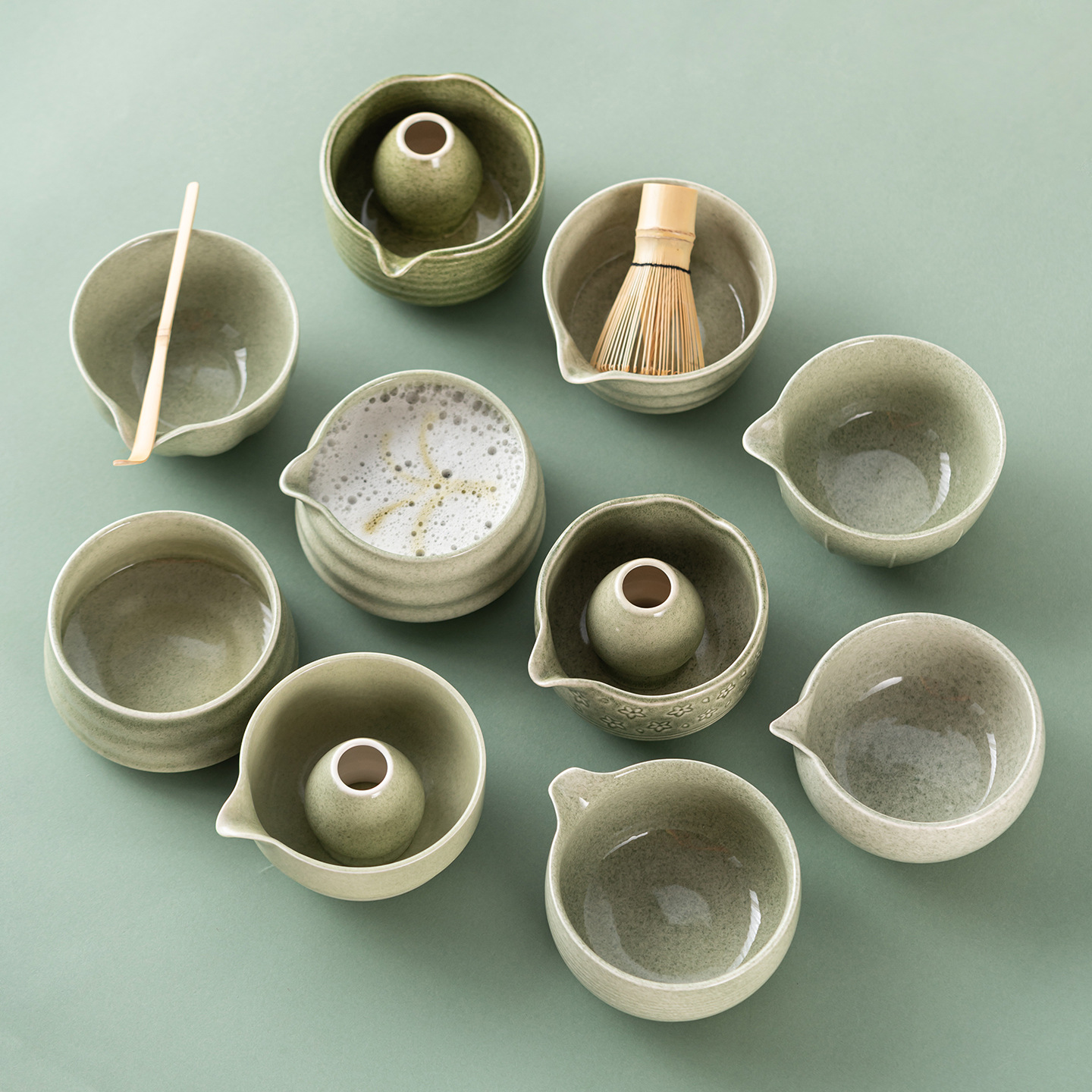 Cross-Border Japanese Matcha Bowl Set with Spout, Ceramic Tea Bowl, Tea Whisk, Tea Scoop, 4-Piece Set, 8-Piece Set, Tea Preparation Tools
