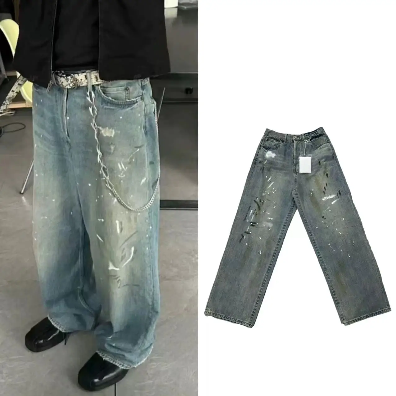 AC style 24SS baggy handmade ink do old silhouette jeans casual loose straight pants tide pants