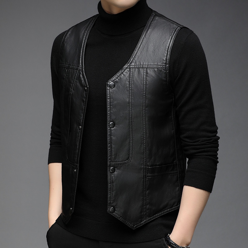 fleece-lined Leather Vest Men's Casual Cardigan V-neck Vest Autumn and Winter Warm Cold-resistant PU Leather Waistcoat Sleeveless Clothes