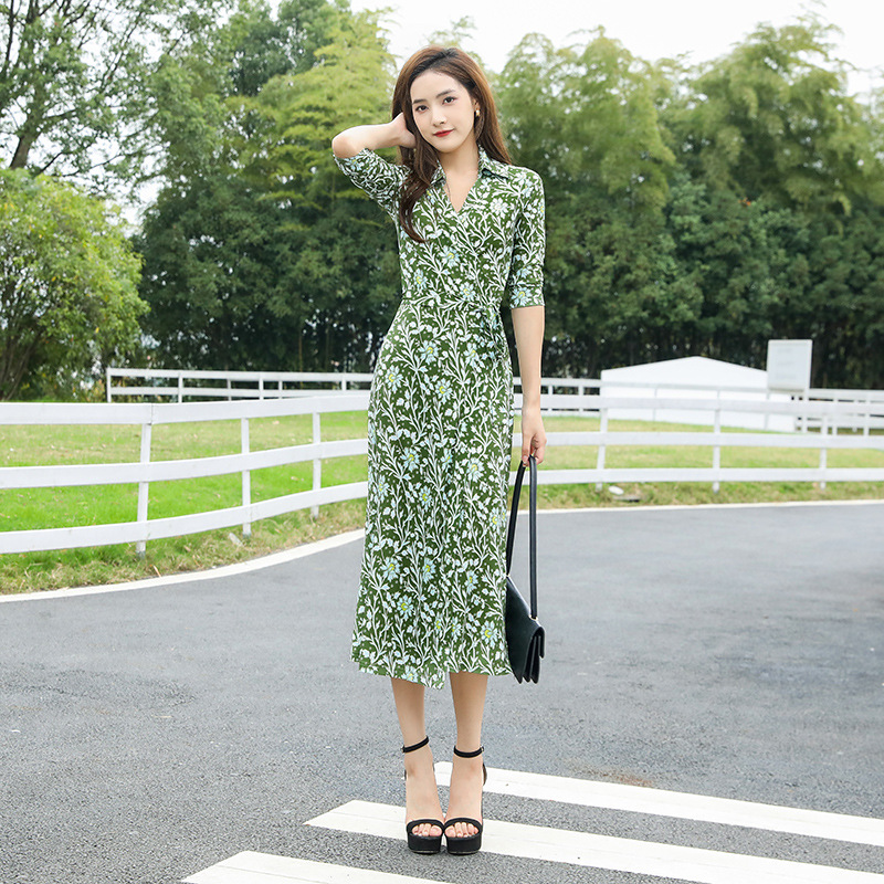 Autumn and Winter New Mustard Green Fleece Flower Pattern Lapel Seven-Minute Mid-Length Elegant Strap Waist Hip Wrap Dress