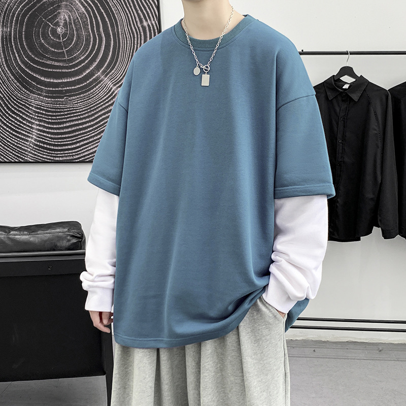 Candy color long sleeve sweater men's spring and autumn new round neck fake two-piece ins neutral solid color sports pullover men's and women's style