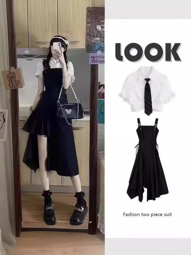 Early Spring Little School Style suit Black Strap Dress Women's 2025 New Design Long Dress