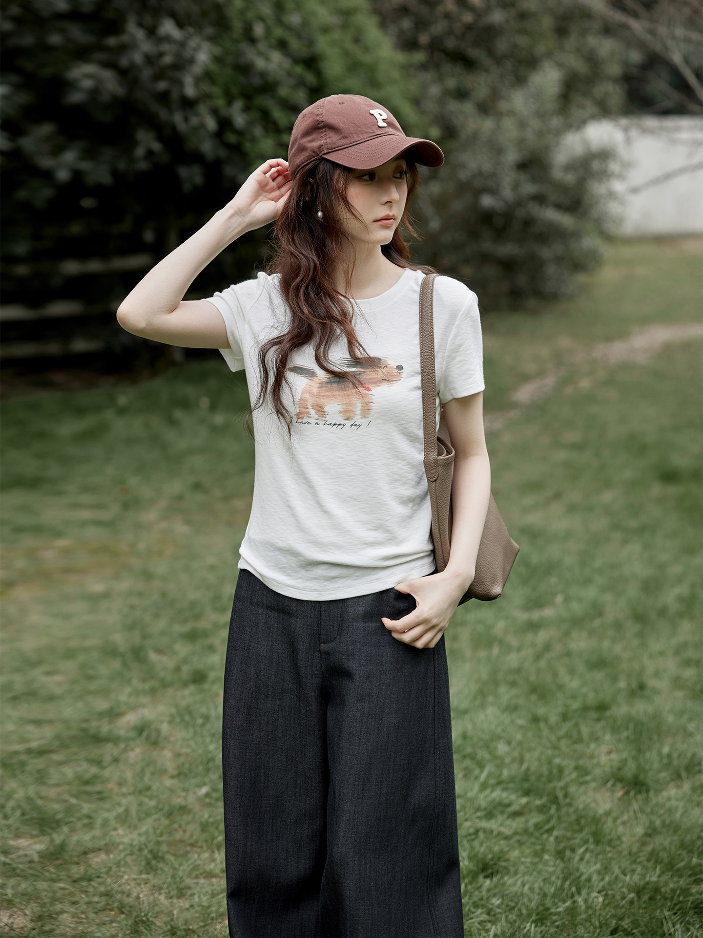Ximeng 2026 New Spring and Summer Korean Style Elegant Top Unique Slim-Fit White Round-Neck Short-Sleeve T-Shirt with Dog Print