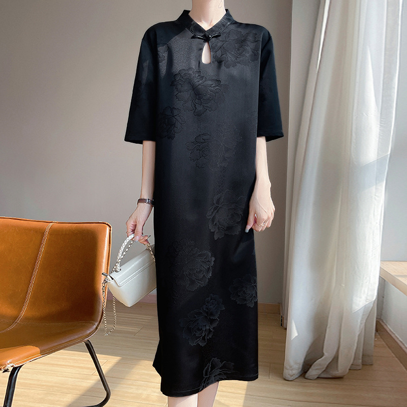 New Chinese Style Satin Silk Three-Quarter Sleeve Dress Women's Button Jacquard Short-Sleeved T-Shirt Long Skirt over the Knee A-Line Skirt