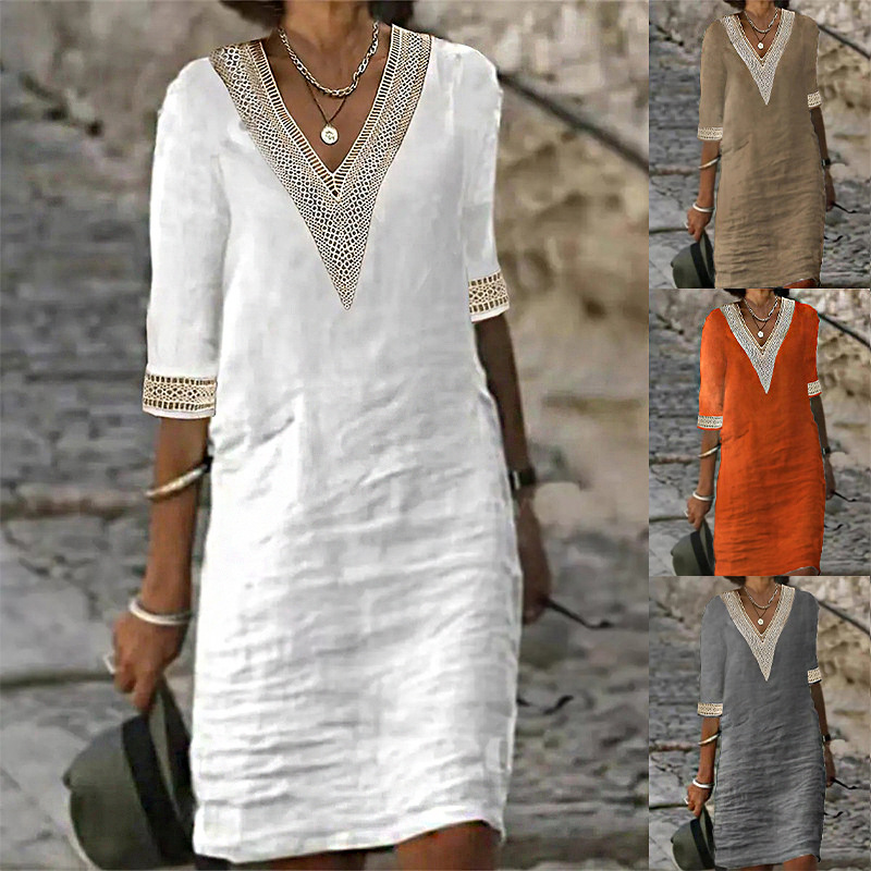 Cross-Border European and American Amazon Independent Site Spring and Summer New Solid Color V-Neck Mid-Sleeve Cotton and Linen Elegant Dress for Women