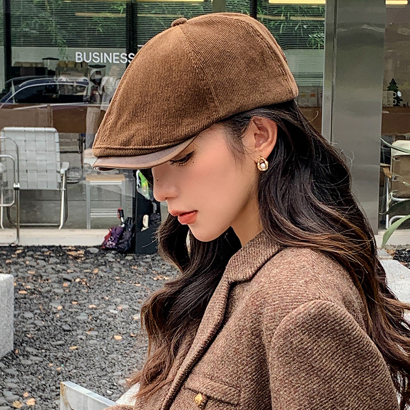 British style corduroy forward hat women's American style retro all-match anti-wear foreground hat big head circumference face small painter hat