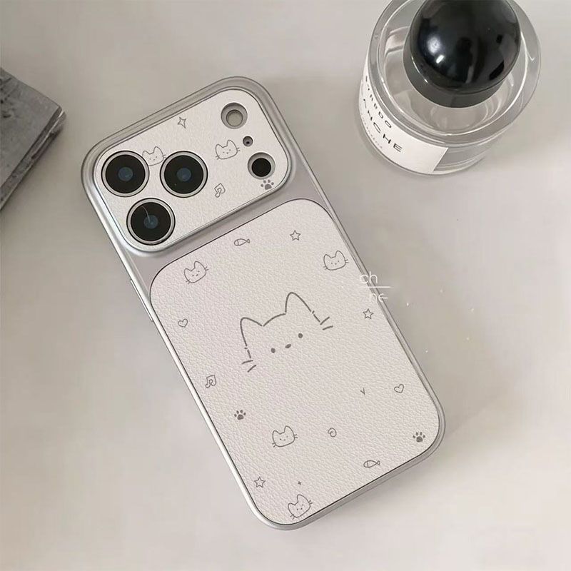 Le Fu Cat Large Window Phone Case for Apple 17 Pro Max, 16 Silver Frame, 15 Leather Texture, 11 Full Cover, 13, 14