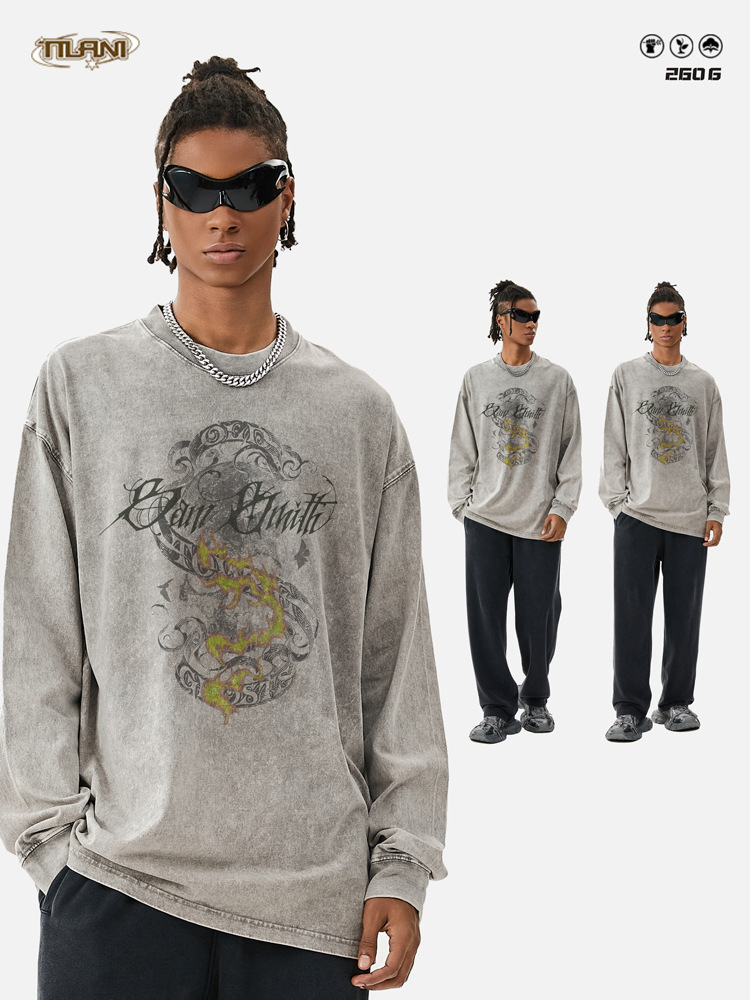 TILANI Men's November New 260G Washed Batik Long Sleeve T-shirt Original Design Year of the Dragon Limited Male tee
