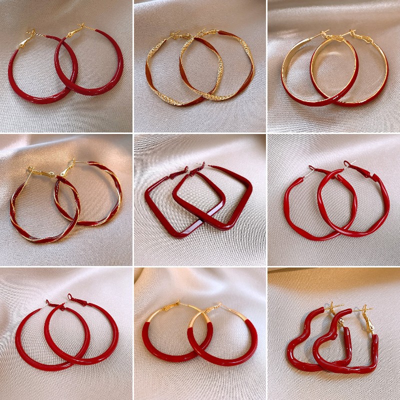 Hong Kong Style Vintage Ankora Red Geometric Earrings European and American Fashion High-end Ear Ring Niche Simple Elegant Earrings for Women