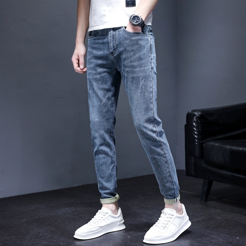 Weihua Early Autumn Men's Trendy Brand Slim-Fit Jeans in Haze Blue, Cropped Length, Casual Style for Teenagers