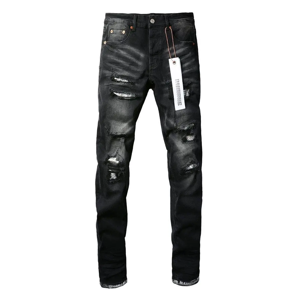American popular tide black and gray cut destruction jeans men cat whiskers white holes elastic Slim small leg pants