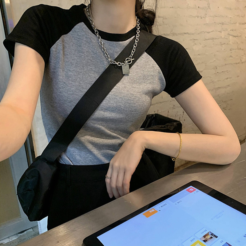 Right Shoulder Women's T-Shirt Summer Design Niche Slim Short-Sleeved American Sweet and Spicy Contrasting Raglan Sexy Top