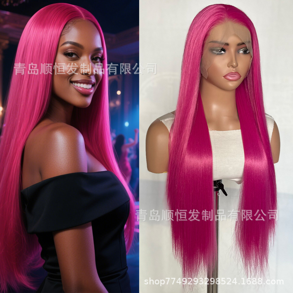 European and American Style Wigs for Women, Front Lace Hand-Crocheted Rose Red Long Straight Hair, Cos Smooth Heat-Resistant Synthetic Wig, Factory Wholesale