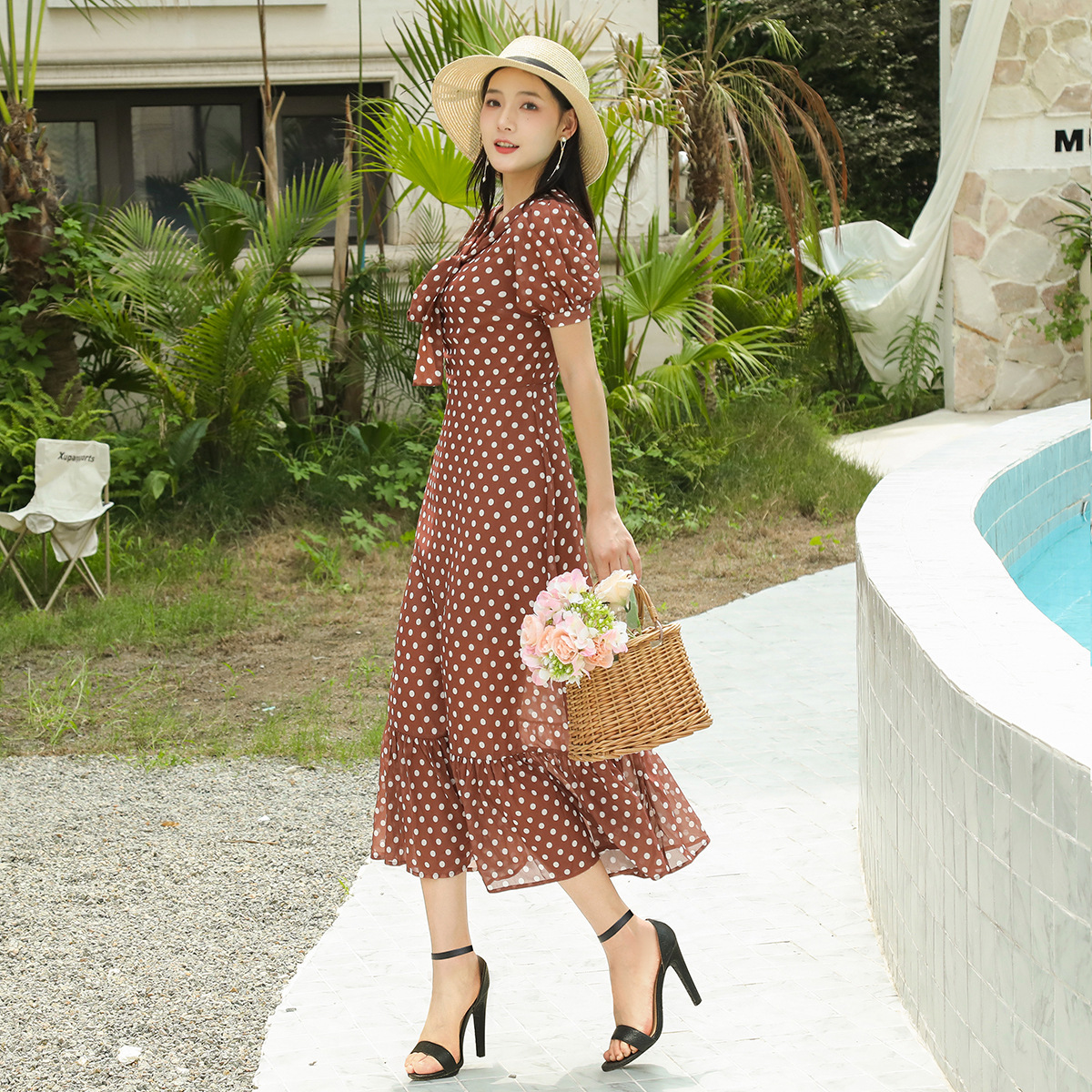 Summer New French Puff Sleeve High Waist Hip Long Dress Elegant Figure Chiffon Elegant Dress