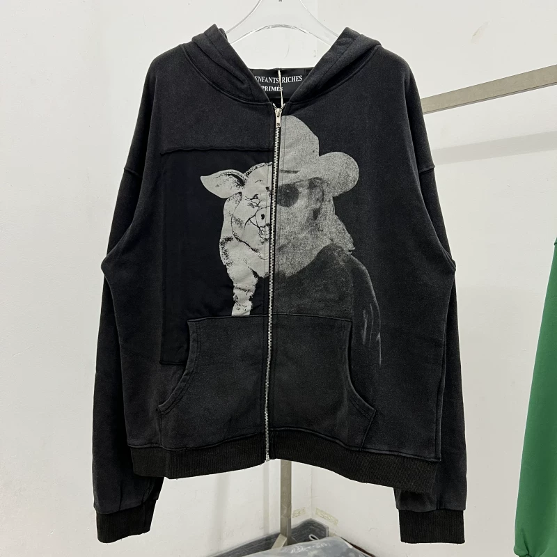 Erd Melancholy Rich Second Generation Autumn/Winter Trendy Brand Washed Distressed Pig Man Patchwork Print Zipper Hoodie Sweatshirt Jacket