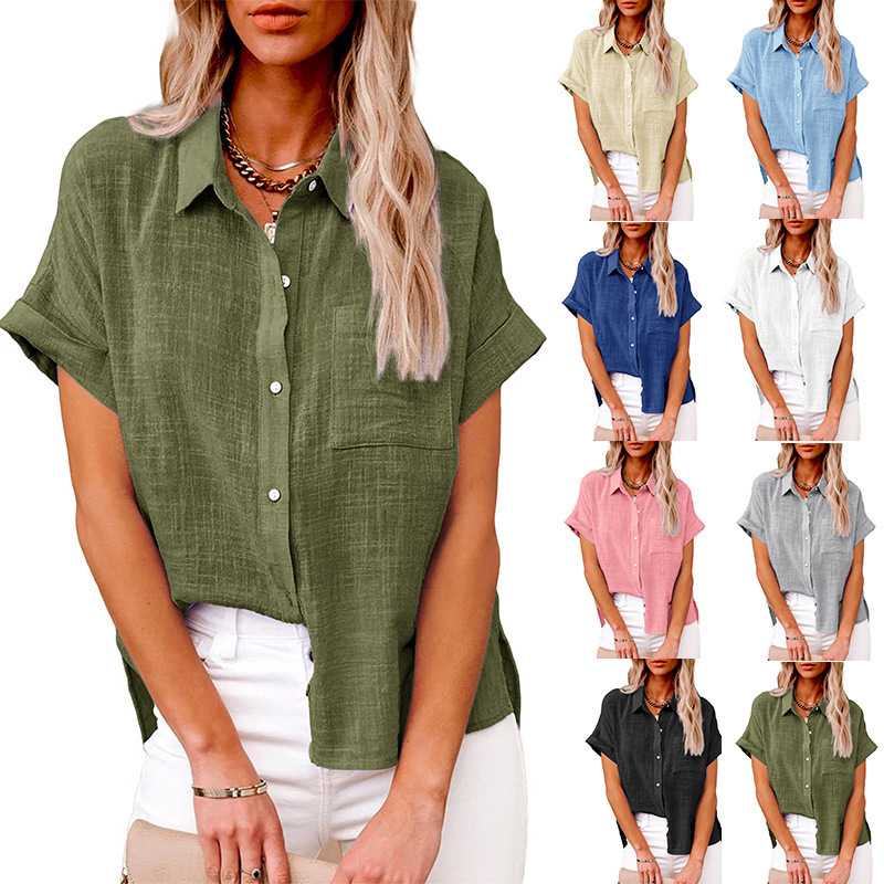 2025 Amazon Ebay European and American Spring and Summer Chiffon Pocket Button Short-Sleeve Shirt T-Shirt Women's European and American Hot Item