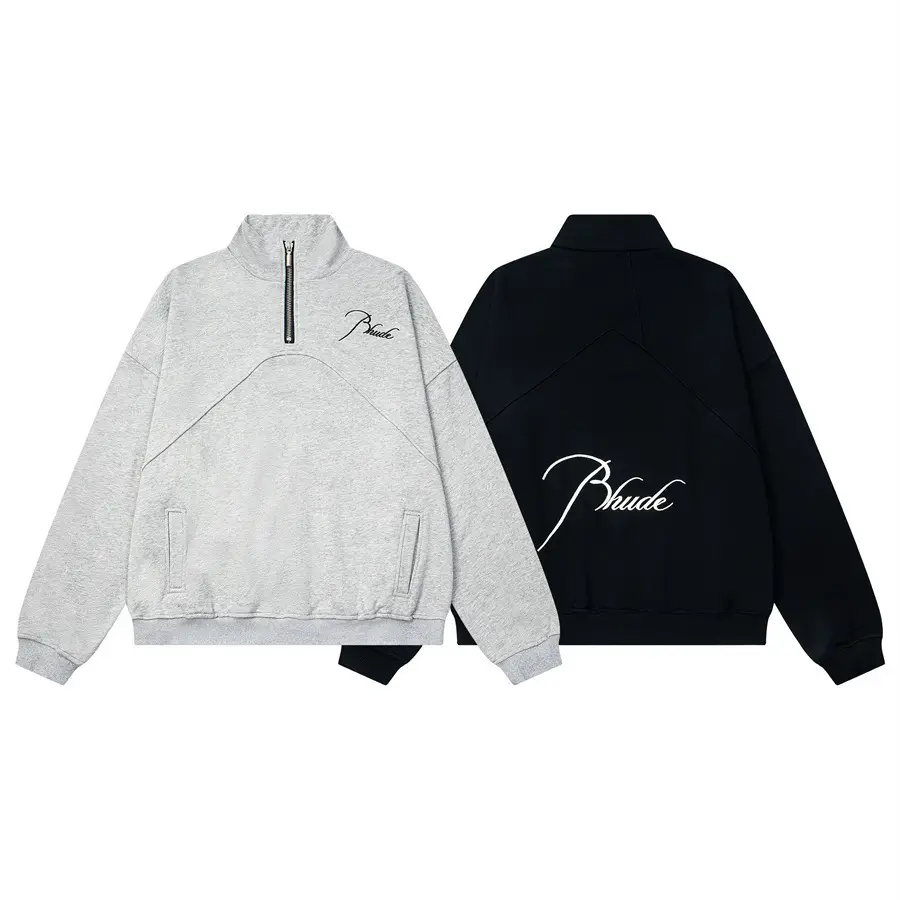 Cross-Border European and American Trendy Brand Rhude Letter Logo Embroidered Half-Zip Sweatshirt for Men and Women High Street Long-Sleeved Stand-Up Collar Jacket