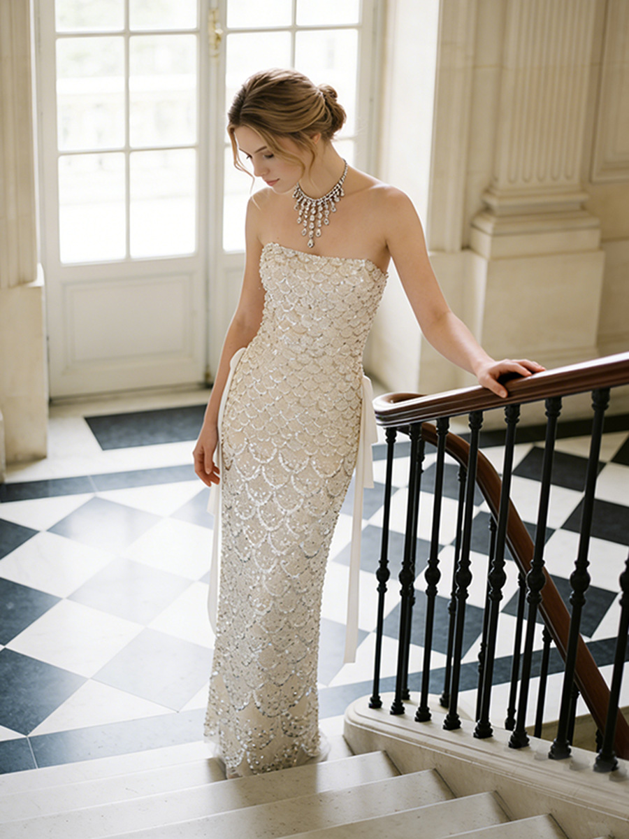 2026 Summer New Style Strapless Fishtail Evening Dress for Women, Light Luxury Niche High-End Socialite Fish Scale Sequin Slim-Fit Long Dress