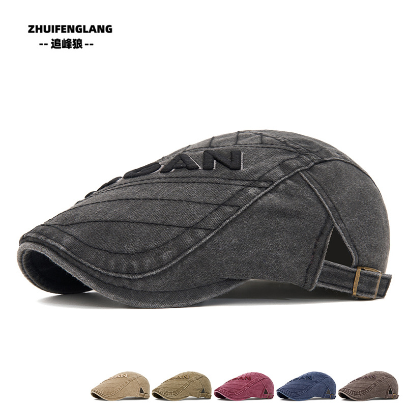 Washable Forward Cap for Men, Spring and Summer British Retro Style, Letter Embroidery Beret, Sun Hat, Newsboy Cap