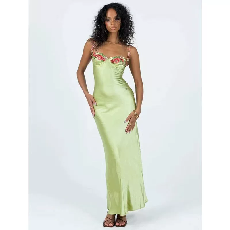 Princess Polly Long European and American Style Sleeveless Spaghetti Strap Dress with Embroidered Flowers and Bodycon Fit