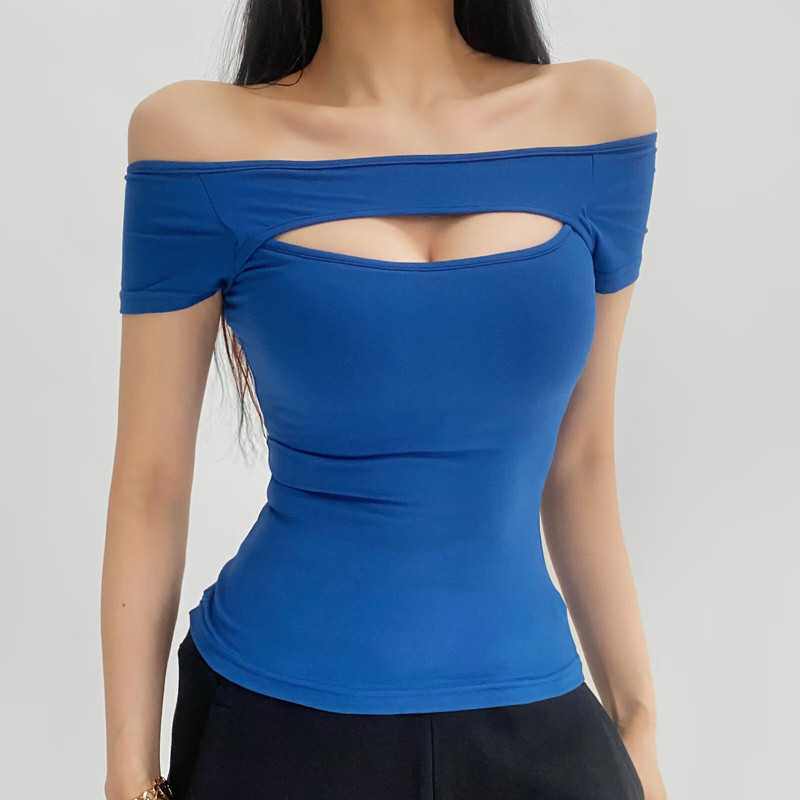 Purely Sexy One-Shoulder Top for Hot Girls, Stylish and Versatile Hollow-Out Short-Sleeve T-Shirt, Slim-Fit Short Base Shirt