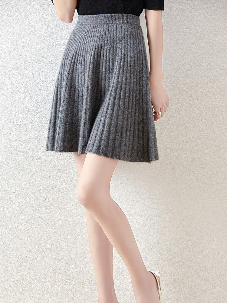 Pure Wool Skirt 2024 Autumn and Winter New Women's Pure Color Pit Korean Style High Waist Short Pleated Skirt