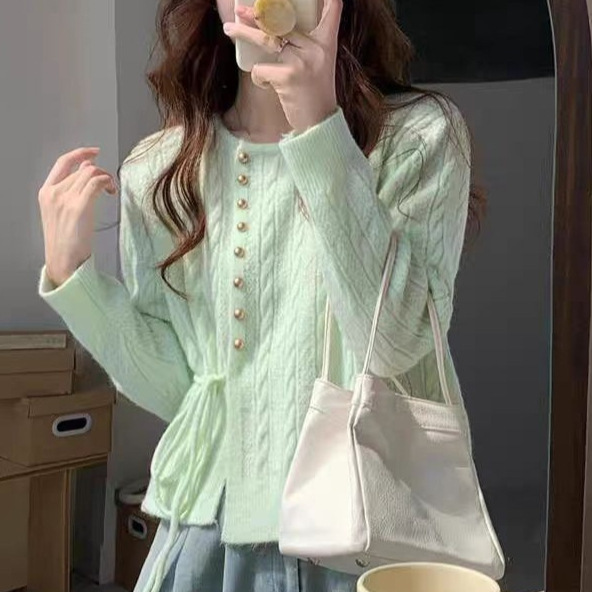 Gentle Milky Blue Twist Korean Style Knitted Top Cardigan Design Lazy Loose Sweater Women's Jacket
