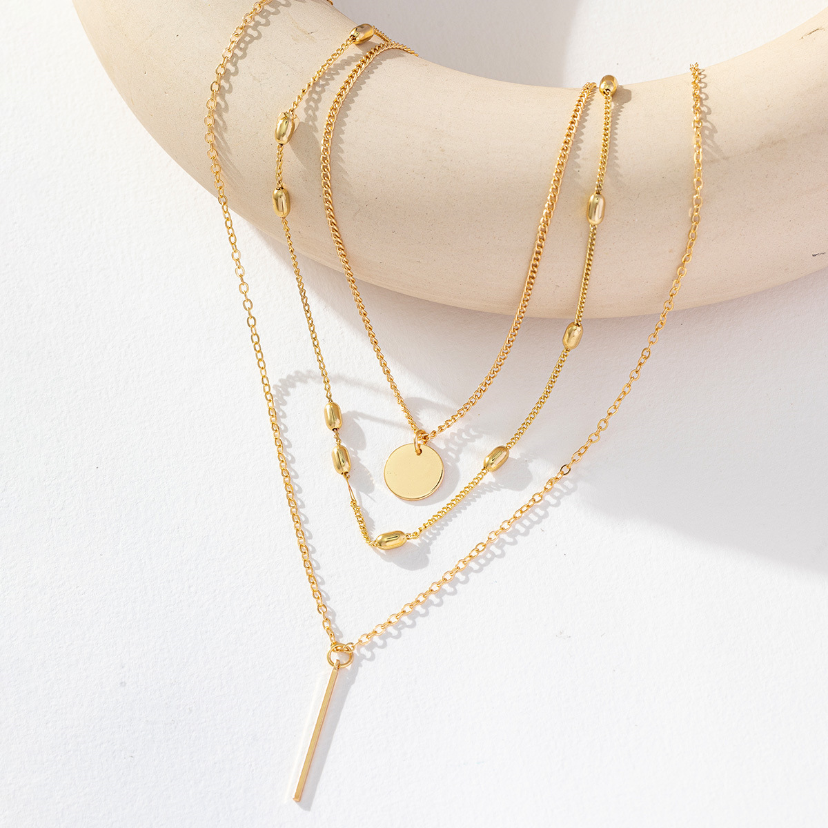 European and American Cross-Border Golden Stick Disc Three-Layer Necklace Pendant Neck Chain Clavicle Chain Coin Three-In-One Set Chain Jewelry