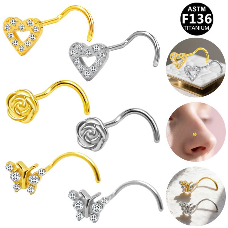 Gabe European and American Cross-Border G23 Titanium Alloy Piercing Jewelry Fashion Trend S-Shaped Rose Nose Stud for Foreign Trade Cross-Border Use