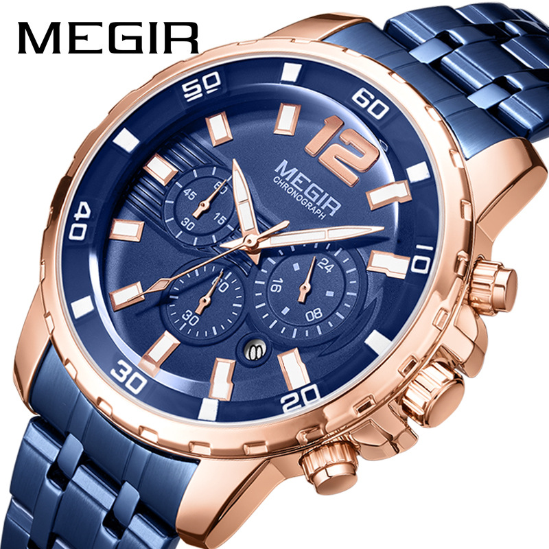 Brand megir men's watch multi-function timing waterproof steel belt business quartz watch men 2068G