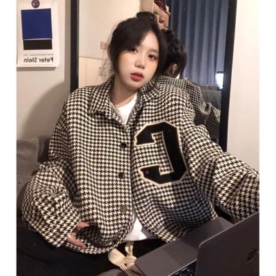Autumn and Winter New Retro Houndstooth Letter Embroidered Lapel Loose Jacket Shirt Jacket for Women 8628