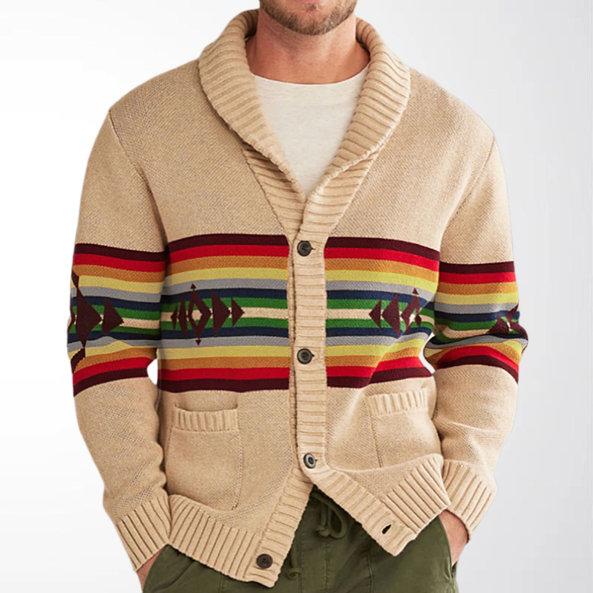 Cross-Border Men's Sweater European and American Style Rainbow Striped Jacquard Autumn and Winter Thick Knit Coat Wholesale in Stock Sy0202