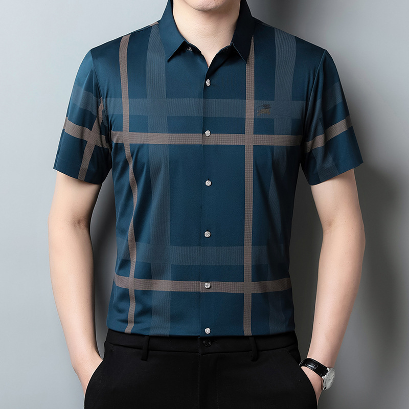 2025 New Summer Men's Business Lapel Breathable Plaid Fashion Casual Short-Sleeved Shirt for Young and Middle-Aged People