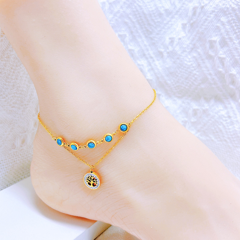 Korean-style Korean-style turquoise double-layer anklet round brand sticky Diamond Life tree pendant love ginkgo leaf non-fading anklet for women
